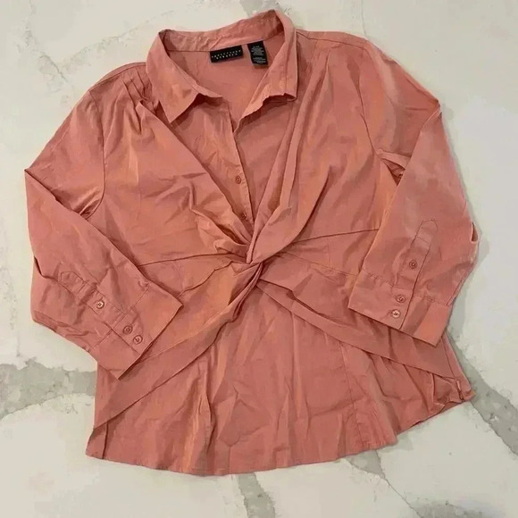 Apostrophe Stretch 1/4 Button Blouse 3/4 Sleeve Shirt Orange/Pink Womens XL Work - Picture 1 of 5